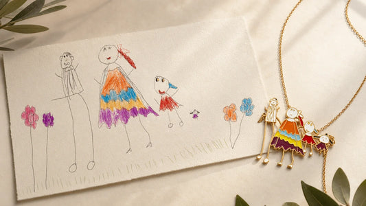 Child's family drawing beside the finished custom DRAWELLE keepsake necklace