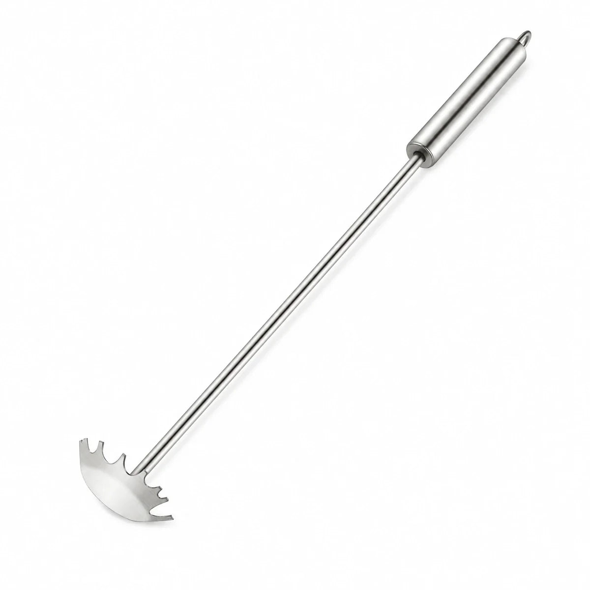 Long-handle stainless steel BBQ grill grate scraper on white background
