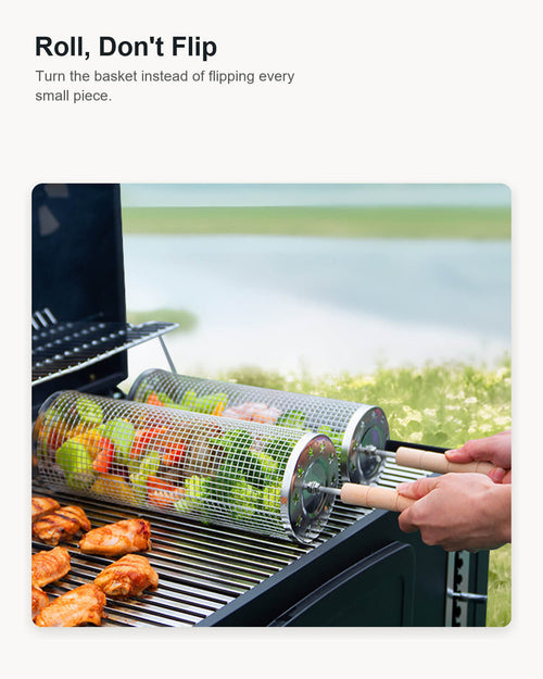 Stainless Steel Rolling Grill Basket for Vegetables & Small Bites