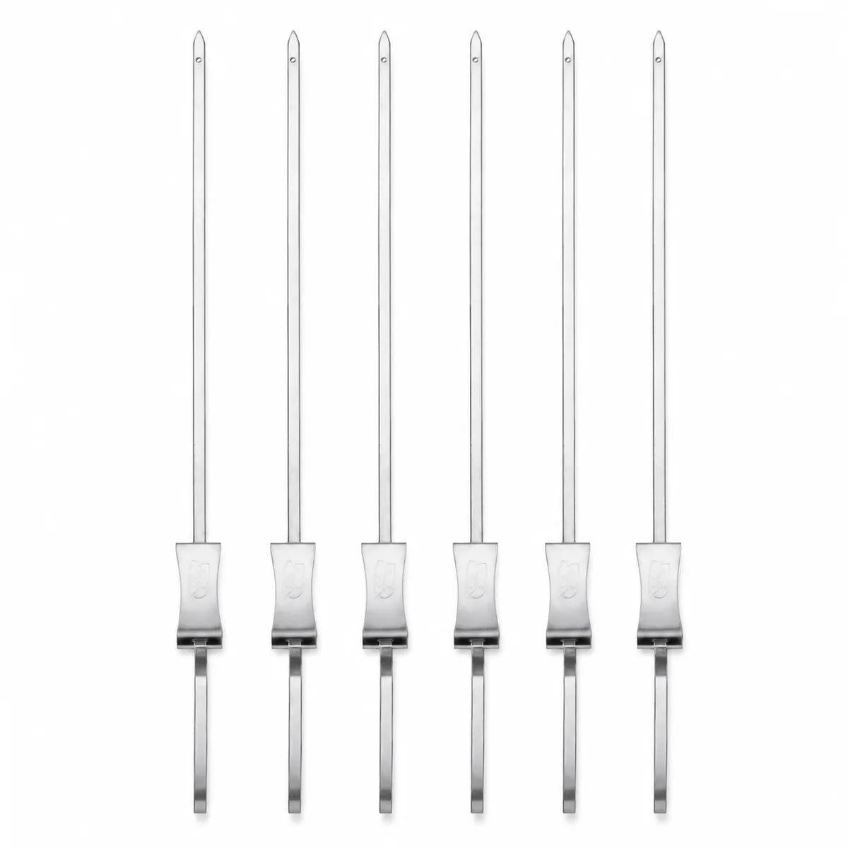 Six stainless steel push-release BBQ skewers on a white background