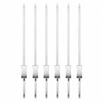 Six stainless steel push-release BBQ skewers on a white background