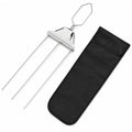 Three-prong stainless steel push-release BBQ skewer with black storage pouch on white background