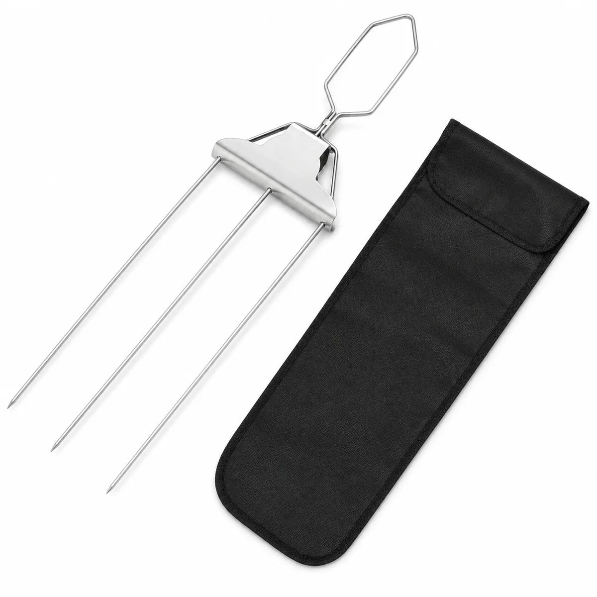 Three-prong stainless steel push-release BBQ skewer with black storage pouch on white background
