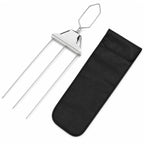Three-prong stainless steel push-release BBQ skewer with black storage pouch on white background