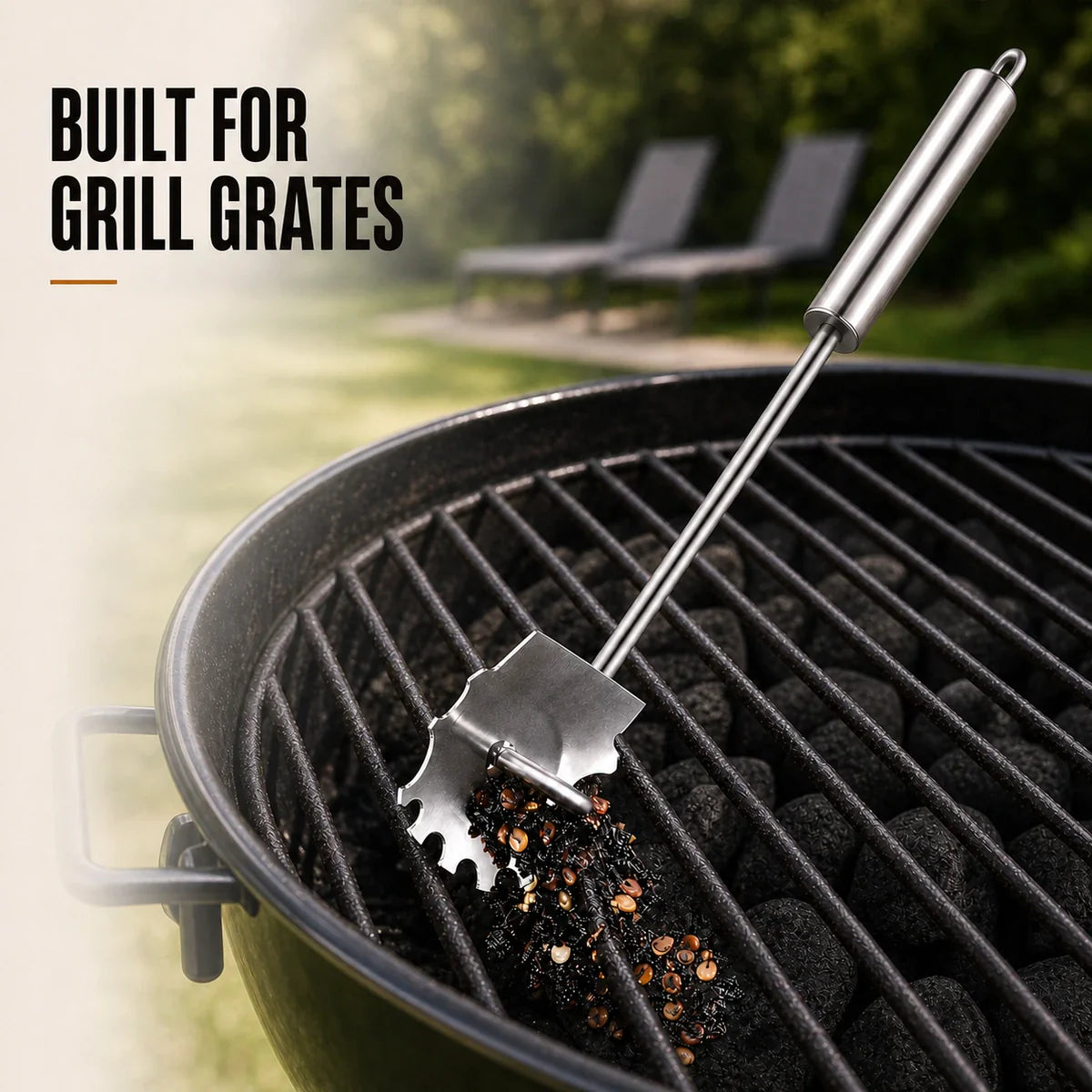 Stainless steel grill scraper collecting cooked-on residue from BBQ grates