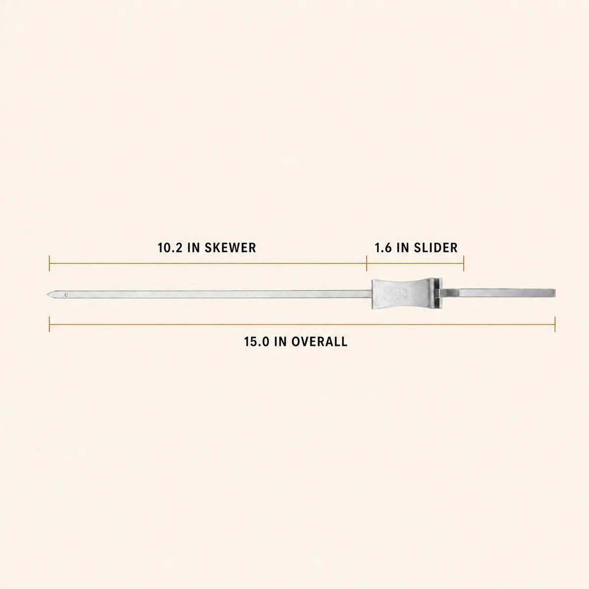 Push-release BBQ skewer dimensions showing 15-inch overall length