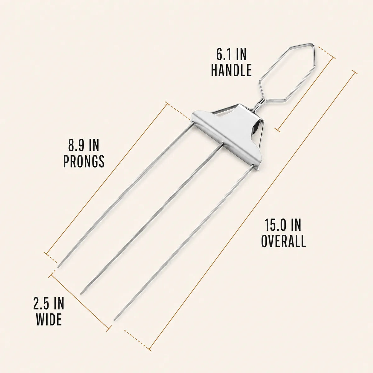 Three-prong BBQ skewer dimensions showing 15-inch overall length