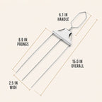 Three-prong BBQ skewer dimensions showing 15-inch overall length