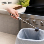 Long-handle grill scraper lifting collected residue into a lined bin