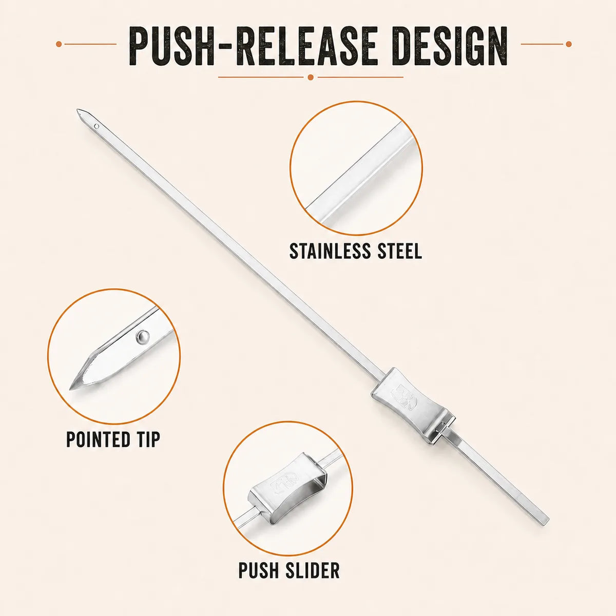 Stainless steel push-release skewer with pointed tip and food slider details