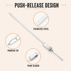 Stainless steel push-release skewer with pointed tip and food slider details