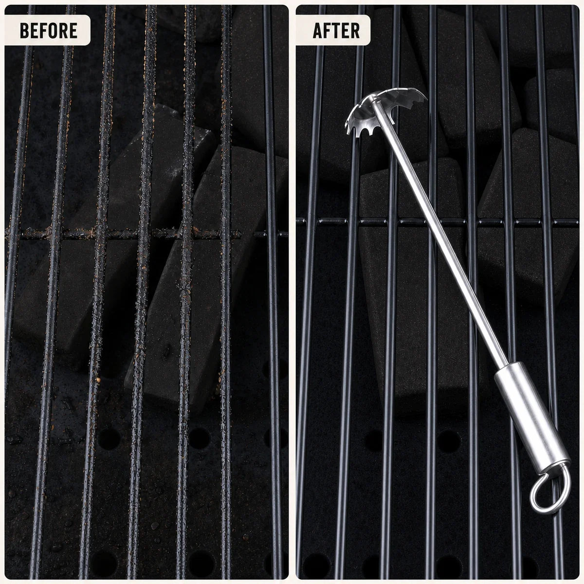 BBQ grill grates before and after cleaning with a stainless steel scraper