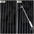 BBQ grill grates before and after cleaning with a stainless steel scraper