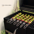 Six push-release skewers cooking meat and vegetables on an outdoor grill