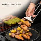 Push-release three-prong BBQ skewer serving grilled meat and vegetables onto a plate