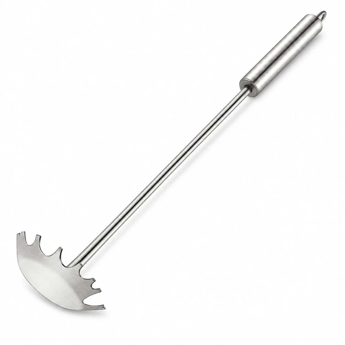 Bristle-free stainless steel long-handle grill grate scraper on a white background
