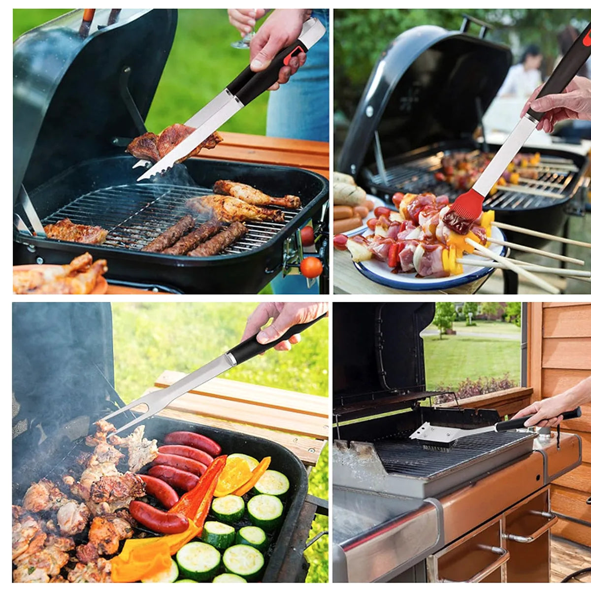 Long handle BBQ tools used on an outdoor grill