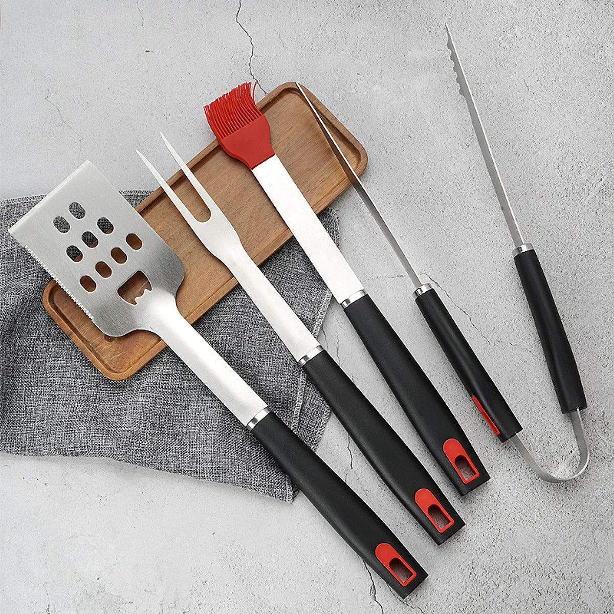 Long handle stainless steel BBQ tool set with tongs spatula fork and basting brush