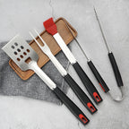Long handle stainless steel BBQ tool set with tongs spatula fork and basting brush