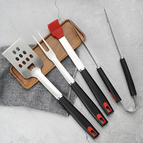 Long handle stainless steel BBQ tool set with tongs spatula fork and basting brush
