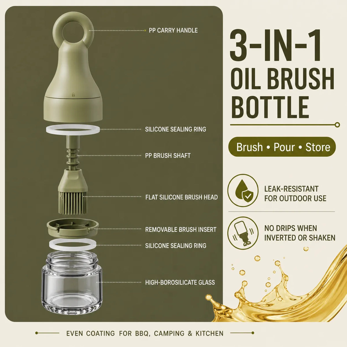 Leak-Resistant 3-in-1 Oil Dispenser Bottle with Silicone Basting Brush
