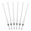 Six stainless steel push-release BBQ skewers arranged in a fan on a white background
