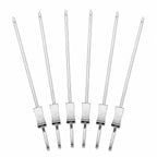 Six stainless steel push-release BBQ skewers arranged in a fan on a white background