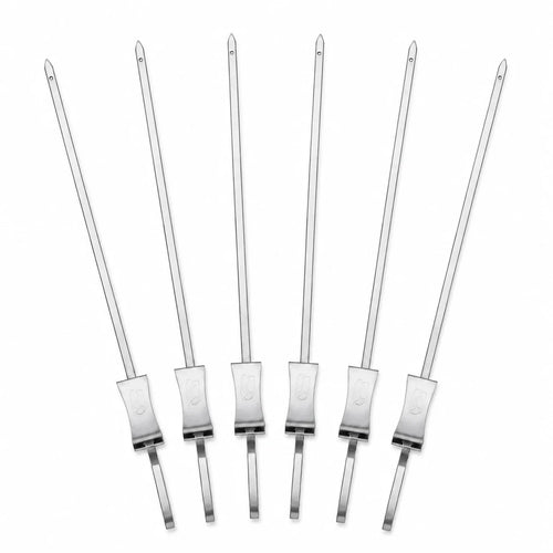 Six stainless steel push-release BBQ skewers arranged in a fan on a white background